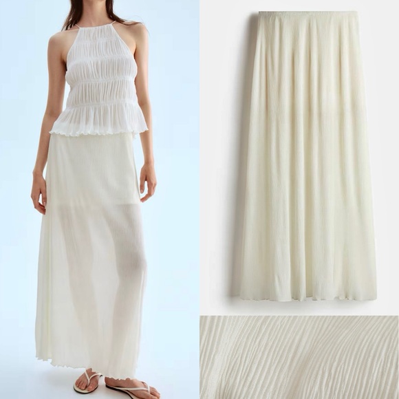H&M NWT ivory off white textured Cream semi sheer lined flowy Maxi Skirt - Picture 1 of 6